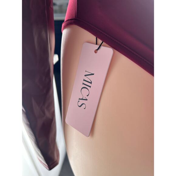 MICAS Burgundy Mock Neck Bodysuit Faux Leather Panels Long Sleeve NWT Size - Picture 2 of 4